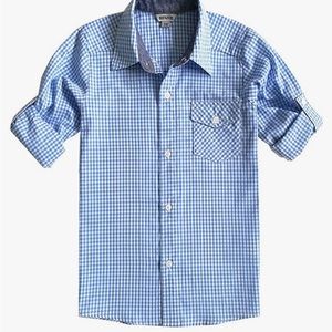 Bienzoe blue and white plaid boys shirt with roll up sleeves. Size 9/10